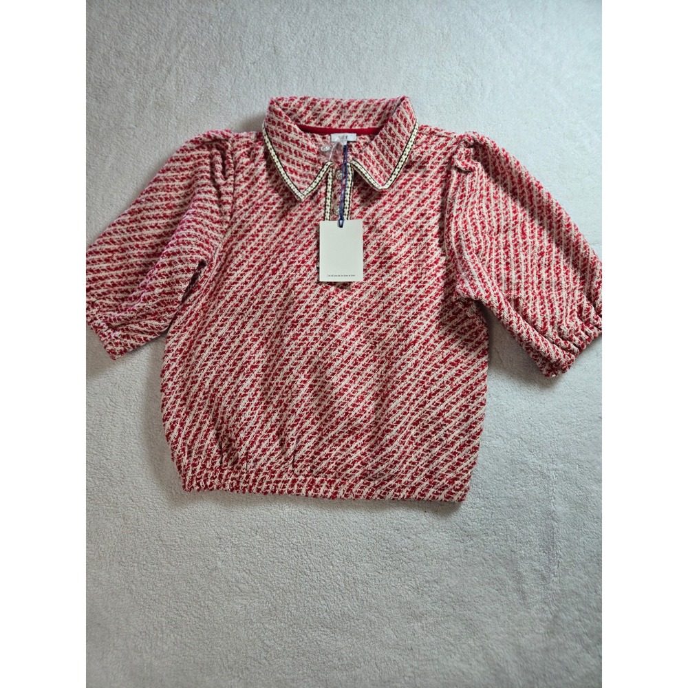 VOY Red Cream Chevron Tweed Puff Sleeve Pearl Button Top Small NEW